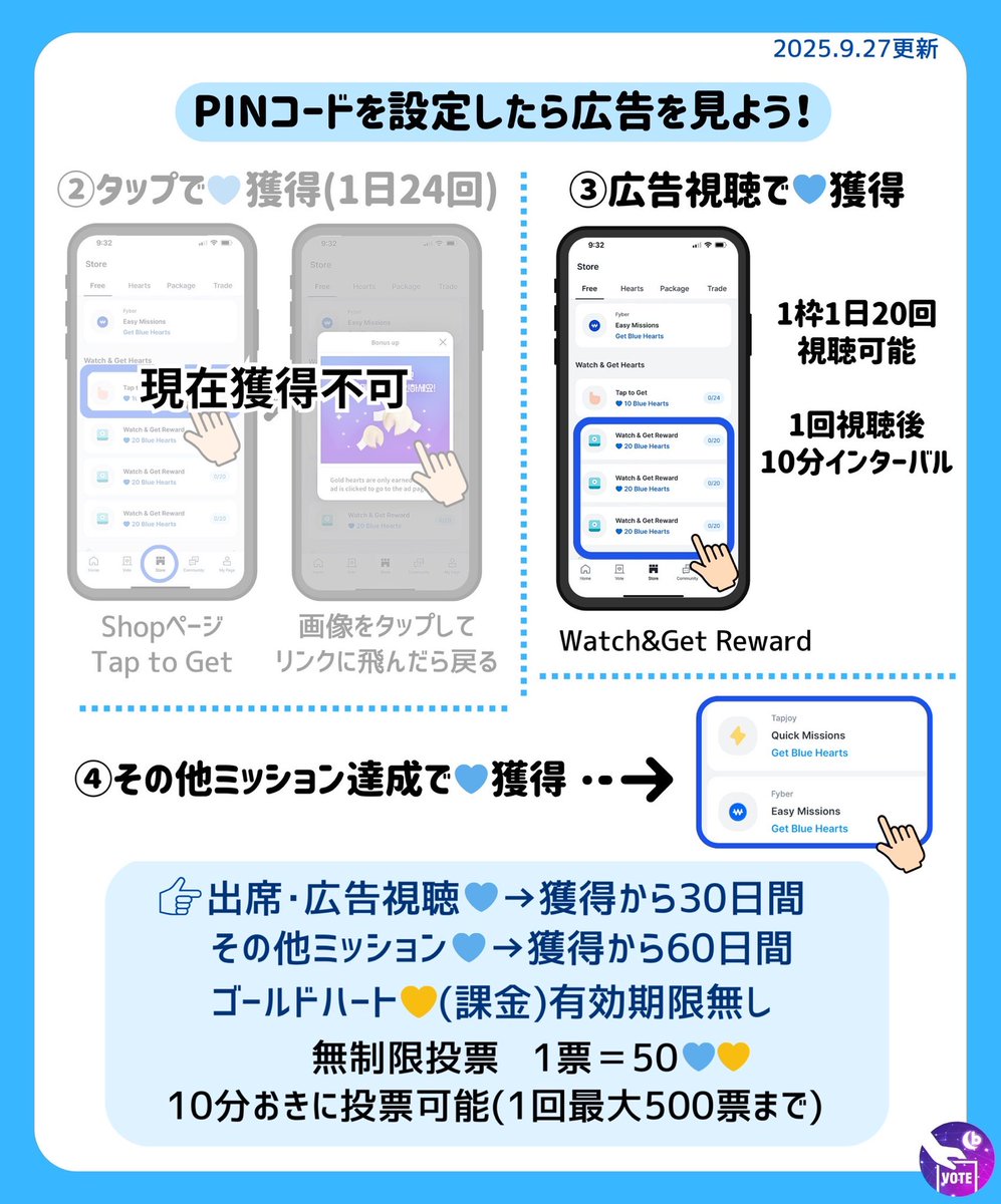 【Fancastアプリについて】📢

10月から集票が始まるFancastについて予習しよう📝

Music Bankの事前投票に使用するアプリです
集票方法等は画像を参考にしてください🙇‍♀️

※広告視聴等で獲得できるブルーハートは期限が30日のため、まだ集票する必要はありません