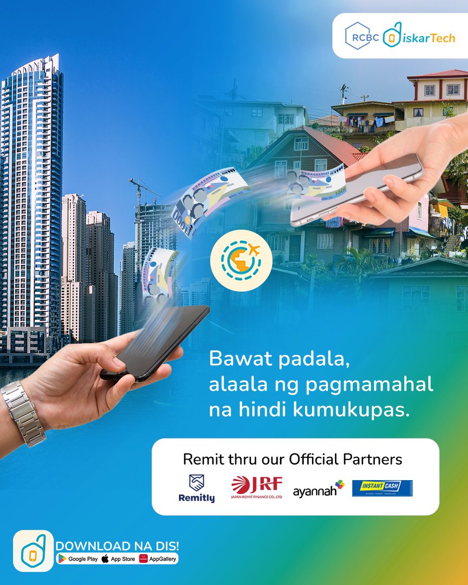 rcbcdiskartech's tweet image. Every padala is a gentle reminder that love never fades kahit nasa malayo. Get remittances from Remitly, JapanRemit, Ayannah, and InstantCash via RCBC DiskarTech. 🌏💸

#RCBC #GoForMore #RCBCDiskarTech