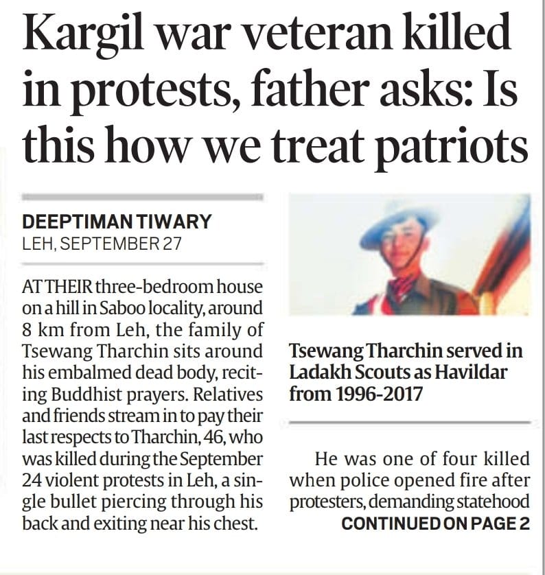 CongressSevadal's tweet photo. कारगिल में देश की ख़ातिर अपनी जान दांव पर लगाने वाले वीर योद्धा को भी लद्दाख में पुलिस ने अपनी गोली का शिकार बना लिया।

कुछ ही दिनों में इस वीर पर भी आज की घृणित सरकार देशद्रोही घोषित कर देगी और फिर मीडिया कोई पाकिस्तान से कनेक्शन ढूंढने लगेगा। https://t.co/LraEhug5xi