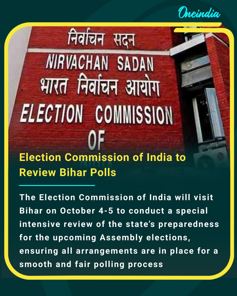 Oneindia's tweet image. ECI gears up for Bihar polls with special review visit.

#BiharElections #ECI #PollPreparedness #DemocracyInAction #PoliticalUpdate #OI