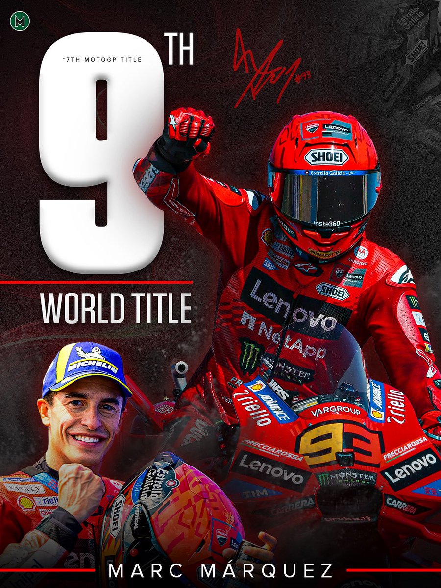 MARC MÁRQUEZ IS A NINE-TIME WORLD CHAMPION! 🏆🏆🏆🏆🏆🏆🏆🏆🏆

The Ducati rider seals his seventh main class MotoGP crown with a second-place finish in the Japanese Grand Prix 👏