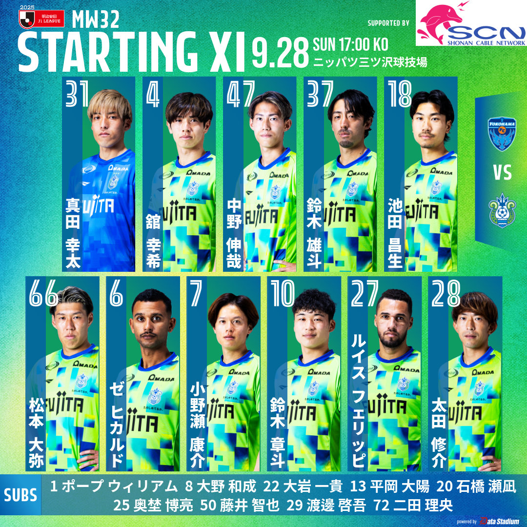 bellmare_staff's tweet image. 明治安田J1リーグ 第32節
🆚 #横浜FC　⏰17:00KO
スタメン発表🔥

GK #真田幸太
DF #舘幸希 #中野伸哉
MF #鈴木雄斗 #池田昌生 #松本大弥 #ゼヒカルド #小野瀬康介
FW #鈴木章斗 #ルイスフェリッピ #太田修介