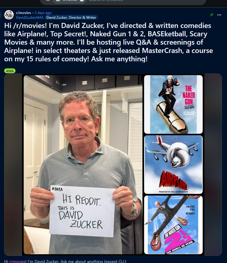 SpoofMasters's tweet image. David Zucker on Reddit - September 26th, 2025
Q&A: reddit.com/r/movies/comme…
#davidzucker #interview #reddit #airplane #nakedgun #scarymovie #baseketball