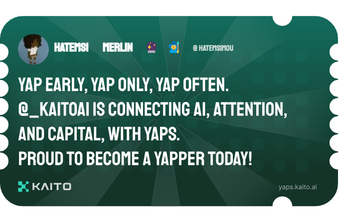 Yap early, yap only, yap often.

<a href="/KaitoAI/">Kaito AI 🌊</a> is connecting AI, attention and capital with Yaps.

Just claimed my social card and I'm accumulating Yap points in real-time.

Claim yours 👉 yaps.kaito.ai/referral/30196…