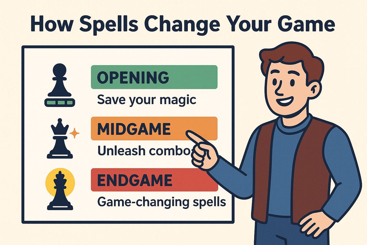 sadiq_ibra97769's tweet image. GM CT 

Let’s dive into how spells reshape your strategy from the very start to the very end of a match on @AnichessGame

🌱 Opening

Develop pieces normally, but save mana by holding spells.

Only cast early if it gives a clear big win.

Guard key pieces from sneaky spell…
