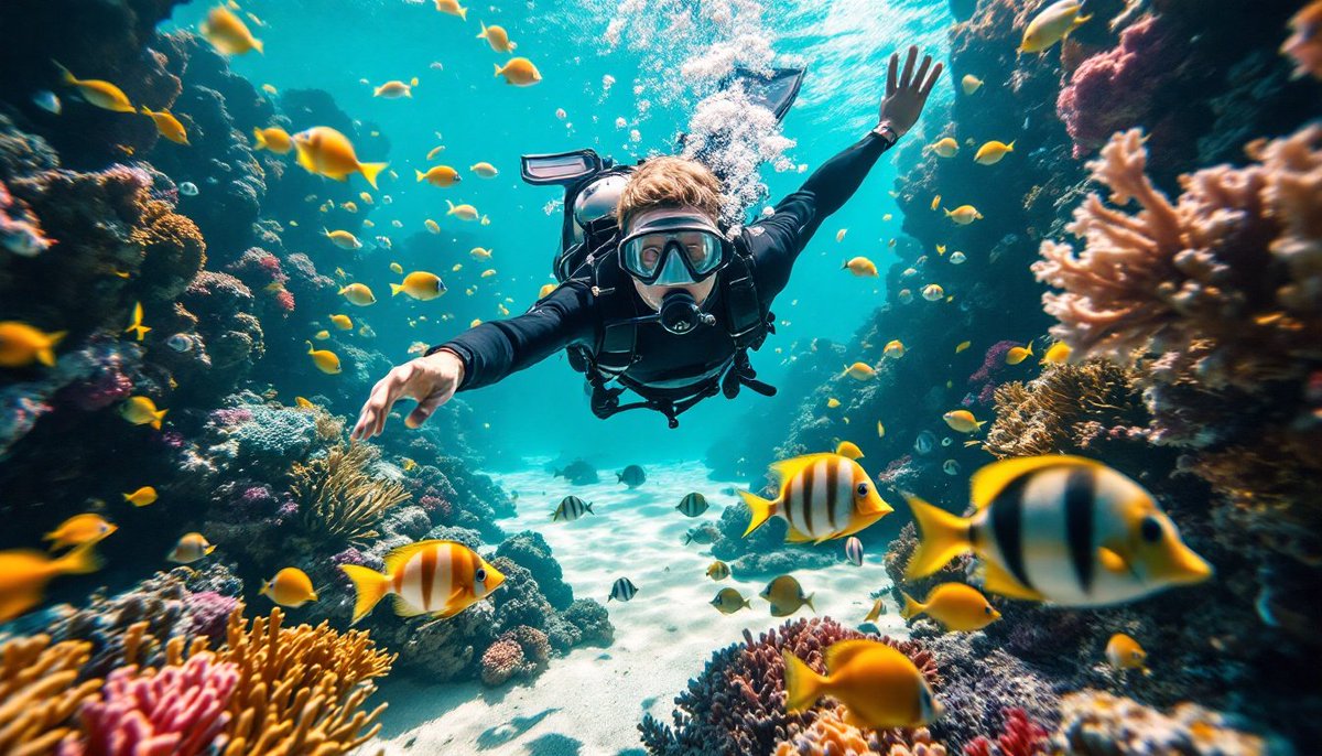 PromptSin's tweet image. Explore the vibrant coral reef life! Dive in now and discover the underwater wonder 🌊🐠 #MarineAdventure #OceanVibes
