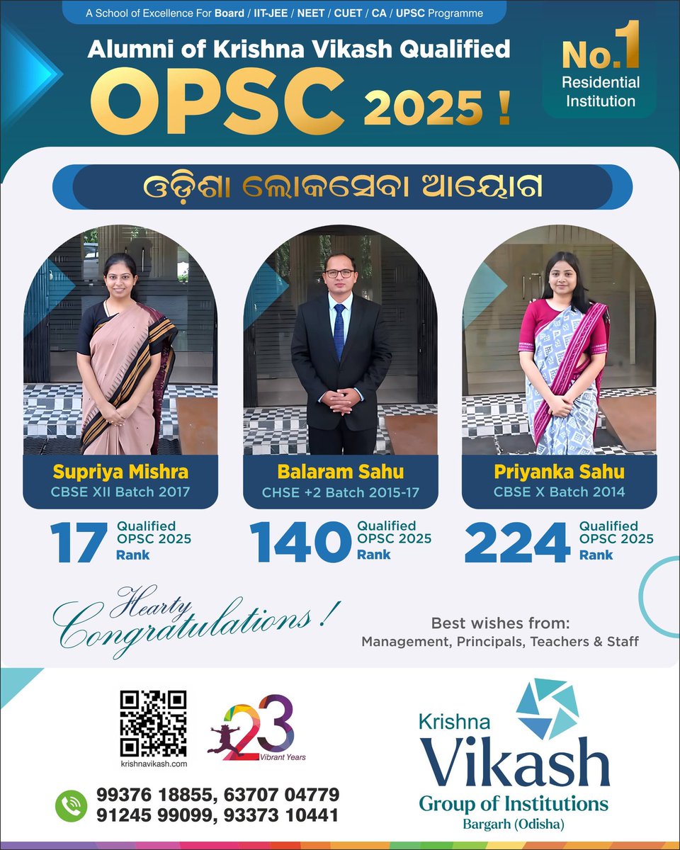 iamdmkrishna's tweet image. I extend my heartfelt congratulations to our distinguished alumni who have excelled in OPSC 2025. This achievement is not merely a personal victory but a collective pride for the entire Krishna Vikash family. 

#krishnavikash #kvgi #OPSC #opsc2025