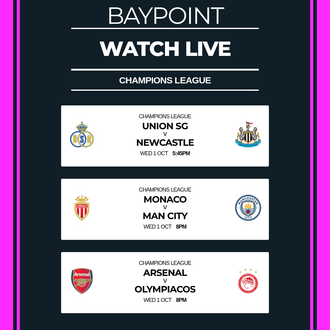 ⚽✨ Wednesday Night = Champions League at Baypoint! ✨⚽
📺 All the midweek action live on the big screens
🍻 Bar open with 10% off for members
🔥 The perfect place to catch every goal, tackle, and celebration!

See you Wednesday night 🙌

#ChampionsLeague #SkySports #TNTSports