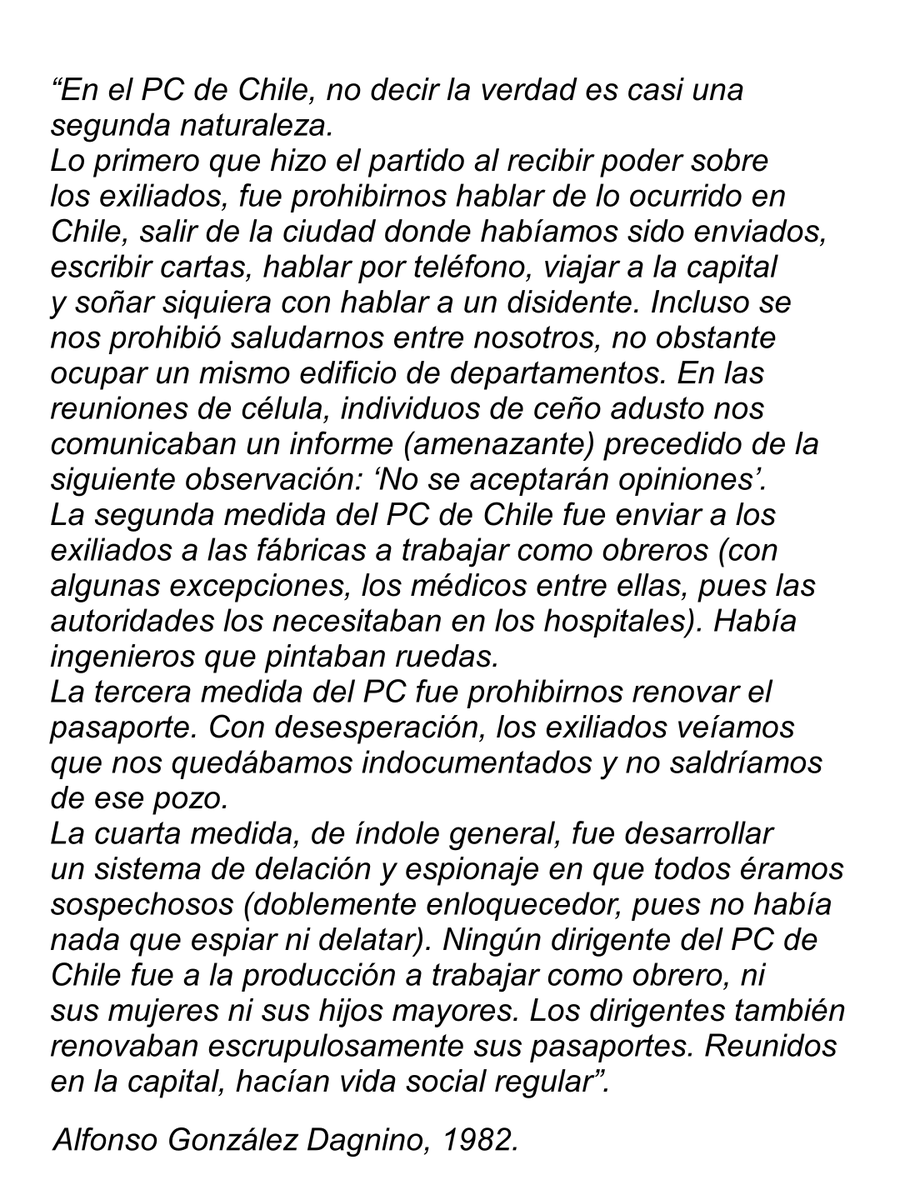 Fragmento de la carta con la cual el doctor Alfonso González Dagnino, comunista de toda la vida y exiliado en Alemania Oriental, presentó en 1982 su renuncia al Partido Comunista.