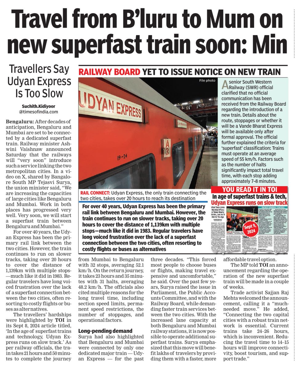 After decades of anticipation, #Bengaluru and #Mumbai are set to be connected by a dedicated #superfast train. Railway minister Ashwini Vaishnaw announced Saturday that the railways will "very soon" introduce such a service linking the two metropolitan cities.