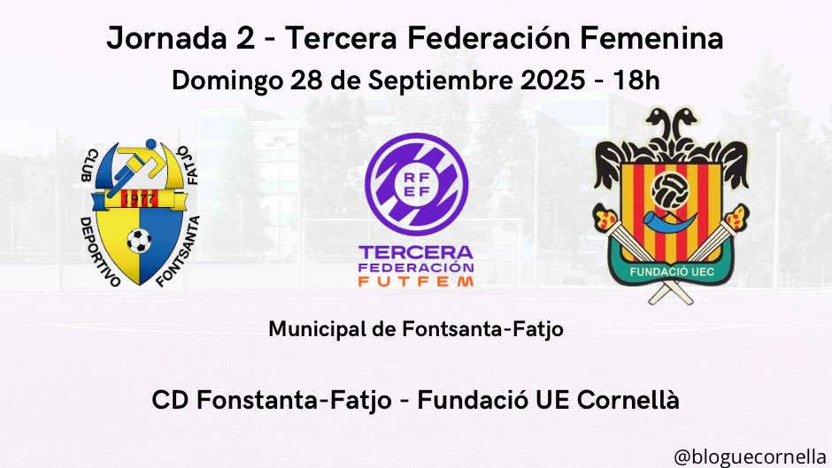 ☀️ Buenos días verdes 💚

Hoy, es día de derbi ⚔️ es día de la <a href="/FundacioUEC/">Fundació UE Cornellà</a> 💪🏼💚

📅 Domingo 28 de Septiembre 2025
🕕 18h
🏟️ Municipal Fontsanta-Fatjo
🆚 <a href="/CDFF1977/">CD Fontsanta Fatjó</a>.
🏆 J2 3a Federación Fem
📲 <a href="/futbolcatala2/">Futbol Catala</a>.

#Futbolcat #FutFem #3RFEFFem #TerceraFederacionFem #FundacioUEC