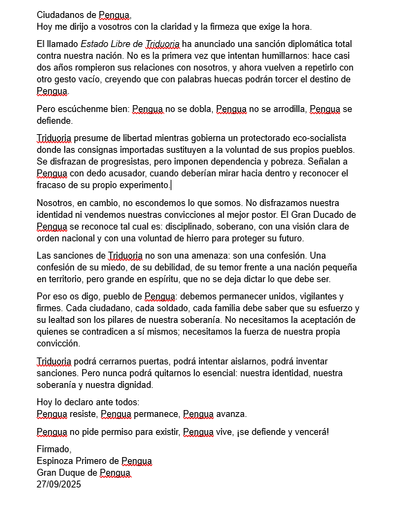 granducdepengua's tweet photo. COMUNICADO IMPORTANTE @triduoria @FranTriduoria #pengua #micronations #micronaciones #discurso https://t.co/fn60qL8PU3