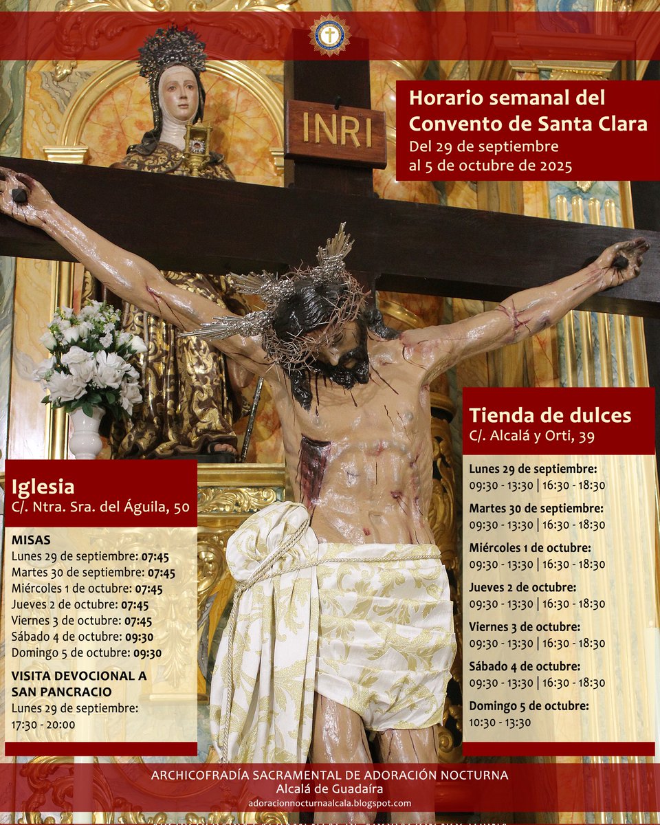 Anunciamos el horario semanal del Convento de Santa Clara.

Asimismo, os animamos a leer la Palabra del Señor para el día de hoy, Domingo XXVI del Tiempo Ordinario (ciclo C).

instagram.com/p/DPIsuRVjNhc/…

Santísimo Cristo de la Vera Cruz,
ten piedad de nosotros.