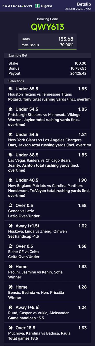 153 odds edit

Footballdotcom: QWY613
Sportybet: QWY613

Register for Football here 👇

football.com/ng/m?refermiss…

Promo code: Teezeeking