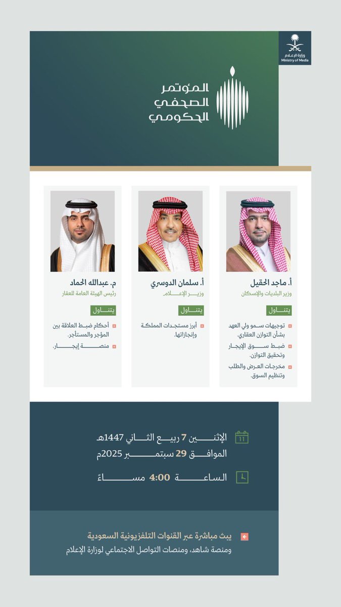 tabukchamber's tweet photo. #دعوة
#قطاع_الأعمال
#القطاع_العقاري 

تدعوكم #غرفة_تبوك  
لحضور (المؤتمر الصحفي الحكومي)
للحديث عن توجهات التوازن العقاري، وأبرز مستجدات المملكة، يستضيف كلًا من:
أ. ماجد الحقيل
وزير البلديات والإسكان

أ. سلمان الدوسري
وزير الإعلام

م. عبدالله الحماد
رئيس الهيئة العامة للعقار

🗓 الاثنين 29 سبتمبر 2025م
⏰ 4:00 مساءً

🎙️يبث مباشرة عبر القنوات التلفزيونية السعودية ومنصة شاهد، ومنصات التواصل الاجتماعي لوزارة الإعلام.

@REGA_KSA 
#غرفة_تبوك