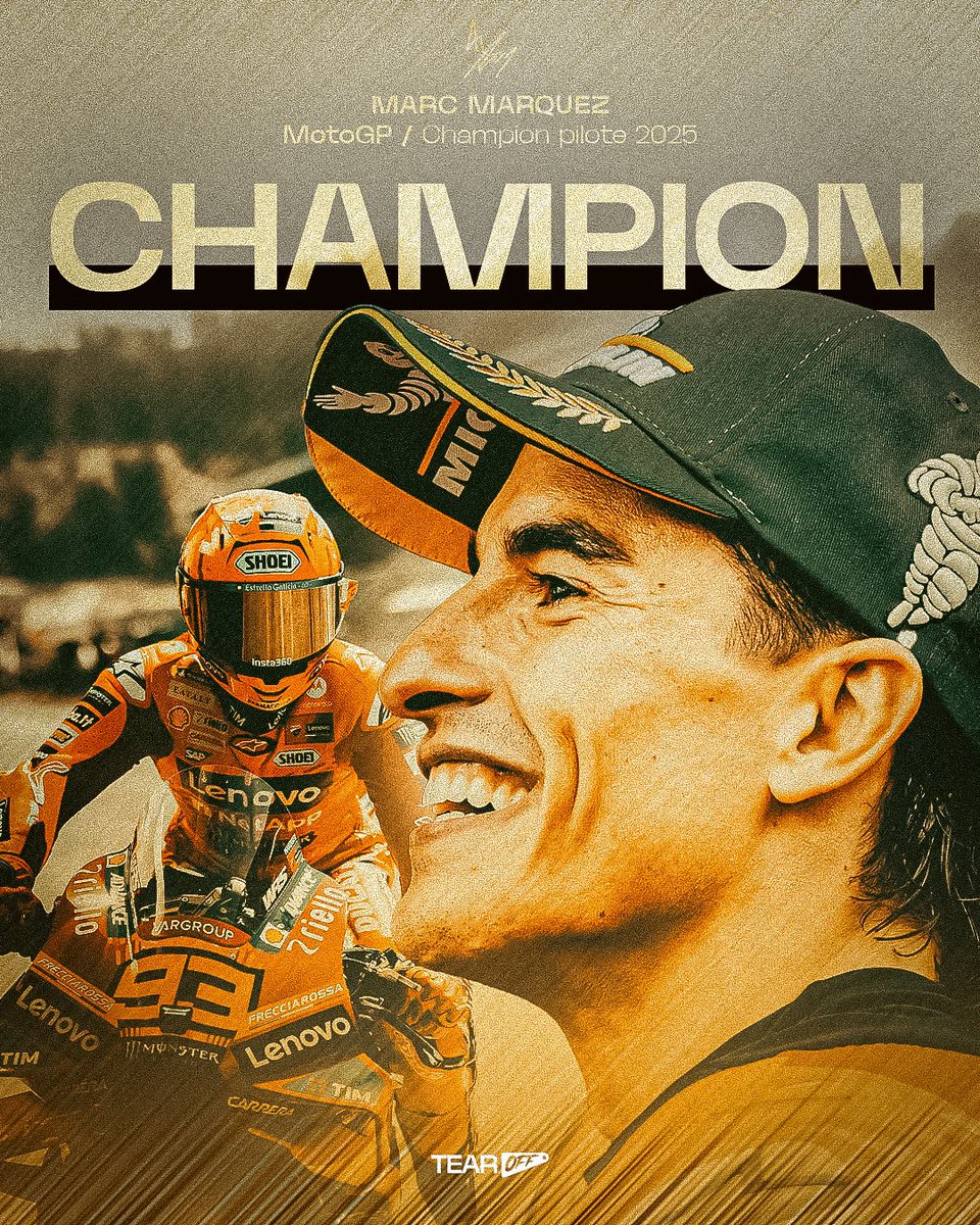 TearOffFR's tweet photo. 🏆 MARC MÁRQUEZ CHAMPION 2025 DE MOTOGP !

Grâce à sa 2ᵉ place ce matin lors du Grand Prix du Japon, Marc Márquez décroche officiellement son 7ᵉ titre en MotoGP !

Quel incroyable comeback pour le pilote espagnol après tant d’années freinées par les blessures !

#MotoGP #MoreThanANumber #JapaneseGP