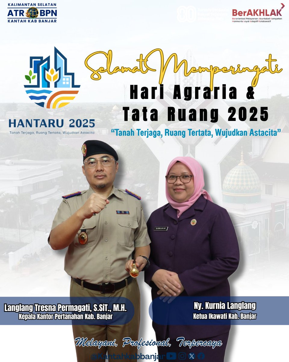 kantahkabbanjar's tweet photo. Segenap Jajaran Kantor Pertanahan Kabupaten Banjar mengucapkan Selamat Hari Agraria dan Tata Ruang (HANTARU) Tahun 2025
Peringatan ke-65 Tahun Undang-Undang Pokok Agraria (UUPA).
"Tanah Terjaga, Ruang Tertata, Wujudkan Astacita” https://t.co/6eorpZ3RSR