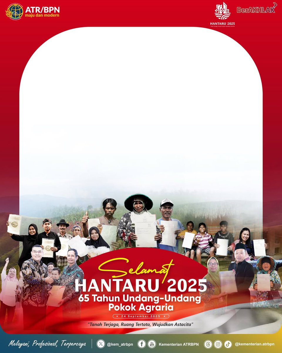 kantahkabbanjar's tweet photo. Halo #SobATRBPN, dalam rangka memeriahkan HANTARU 2025 memperingati Hari Ulang Tahun ke-65 UUPA.   Yuk gunakan Twibbon HANTARU 2025 Kementerian ATR/BPN berikut: https://t.co/XufM252Vwt Tanah Terjaga, Ruang Tertata, Wujudkan Astacita ✊🏼 #Hantaru2025 #IndonesiaLengkap https://t.co/NcrAXBBSJ4