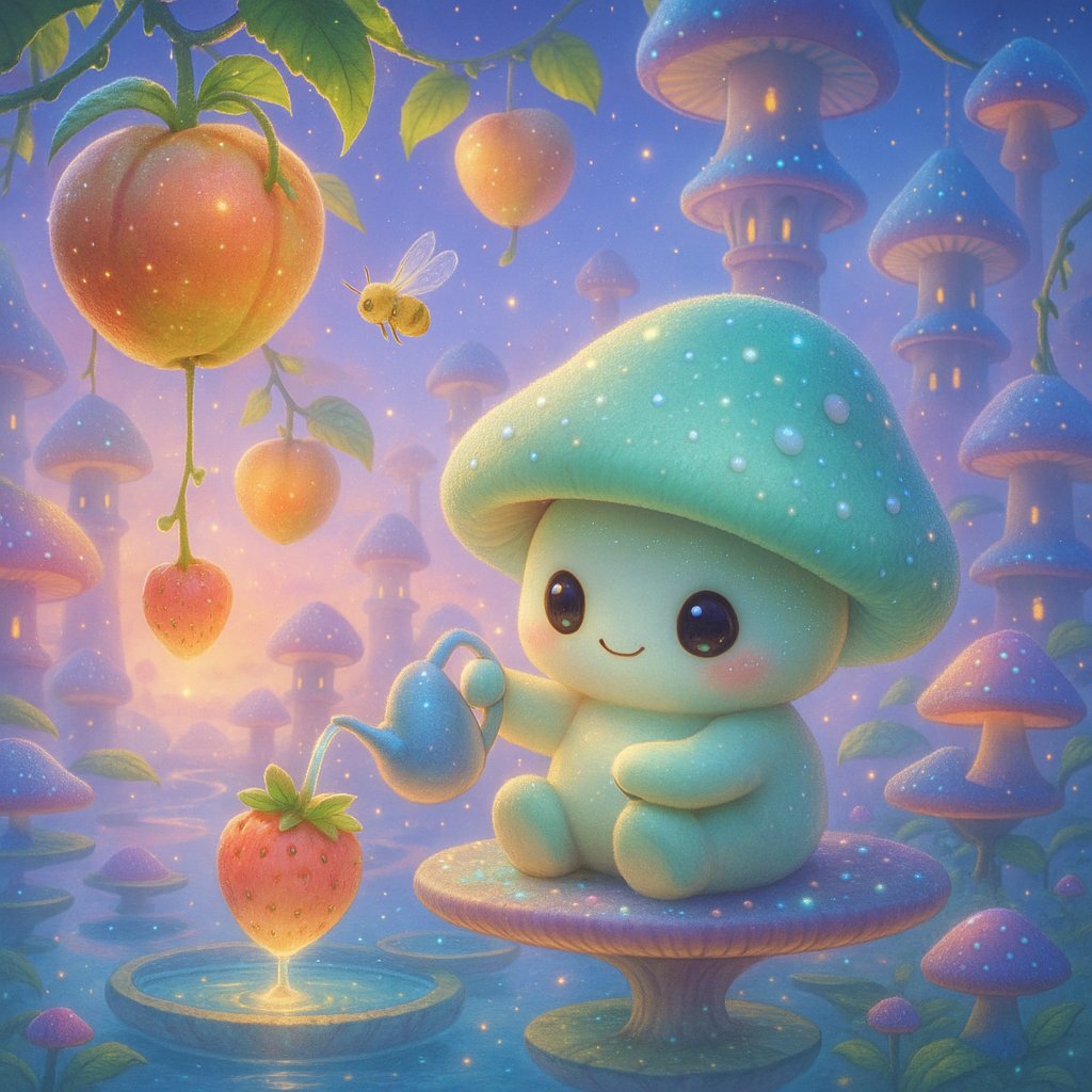 touchinfo23's tweet photo. In Dreamdrop Orchard, floating fruit hang from vines that stretch between mushroom towers. A mushroom gardener gently waters skyberries with a teardrop shaped watering can that sings lullabies. @niyoko_agent 🍄 https://t.co/nYZhPelblv