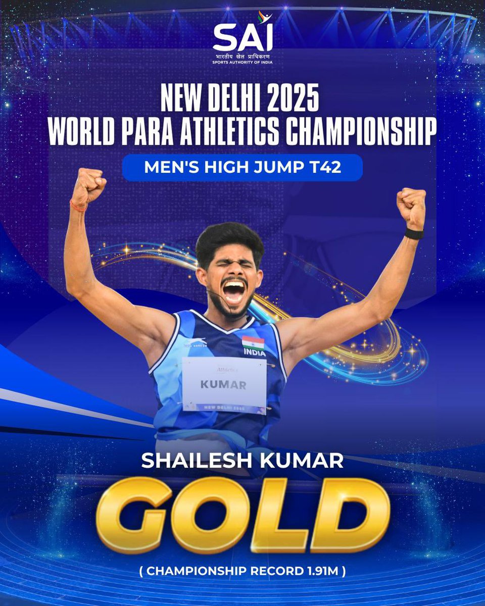 nitin_gadkari's tweet photo. 🇮🇳 Historic moment for India!

Heartiest congratulations to Shailesh Kumar for winning India’s first 🥇 at the 2025 #WorldParaAthleticsChampionships with a stunning 1.91m jump in the T42-T63 High Jump – a new championship record! 💪 

Your dedication and performance inspire millions and make the nation proud.