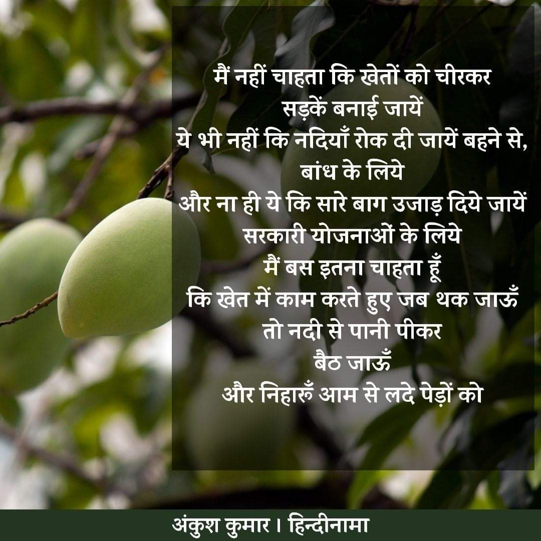 ये भी नहीं कि नदियाँ
रोक दी जायें बहने से,बांध के लिये
और ना ही ये कि सारे बाग
उजाड़ दिये जायें
सरकारी योजनाओं के लिये
मैं बस इतना चाहता हूँ

कि खेत में काम करते हुए जब
थक जाऊँ तो नदी से
पानी पीकर बैठ जाऊँ
और निहारूँ आम से लदे पेड़ों को

~अंकुश कुमार ✍️
#विश्व_नदी_दिवस ↕️