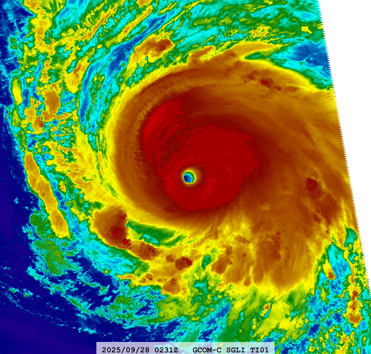 zeb199818's tweet photo. #08L Hurricane #HUMBERTO
Satellite: #GCOMC #SGLI
Channel : T1 (10.8 µm) 250-m
Time : 2025/09/28 0231Z
Eye Temp : 21.9486 °C
Data Source : JAXA G-Portal L1B
CPA : ~380 km https://t.co/Rs786GWf5h