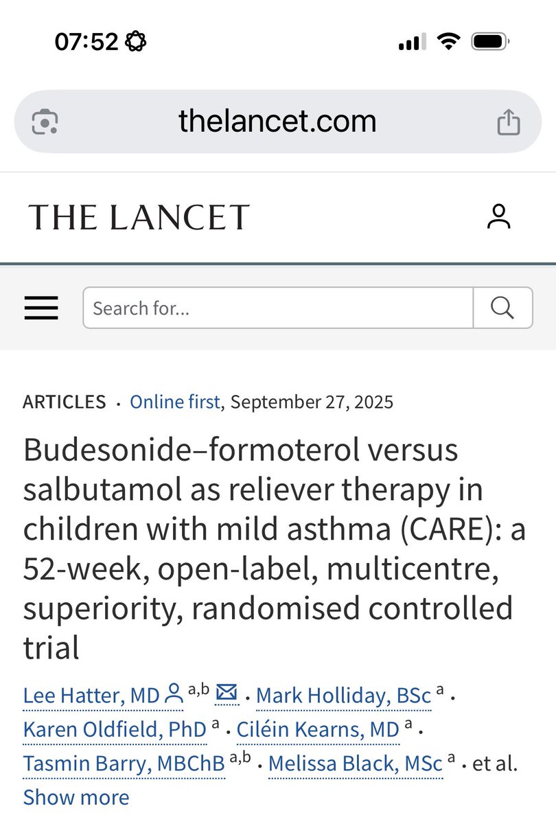 Dr Mark L Levy (@bigcatdoc) on Twitter photo #ERSCongress #ERSCongress2025 
In children aged 5–15 years with mild asthma, budesonide–formoterol reliever monotherapy is superior to salbutamol for preventing asthma attacks, with a similar safety profile.
thelancet.com/journals/lance… #ERSCongress #ERSCongress2025 
In children aged 5–15 years with mild asthma, budesonide–formoterol reliever monotherapy is superior to salbutamol for preventing asthma attacks, with a similar safety profile.
thelancet.com/journals/lance…