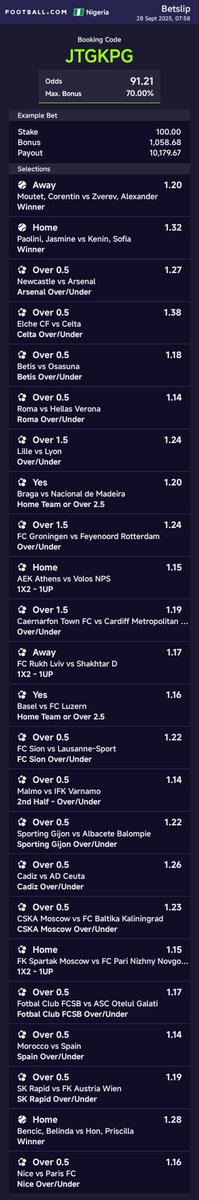 91 odds (all today games)

Footballdotcom: JTGKPG
Sportybet: JTGKPG

Register for Football here 👇

football.com/ng/m?refermiss…

Promo code: Teezeeking