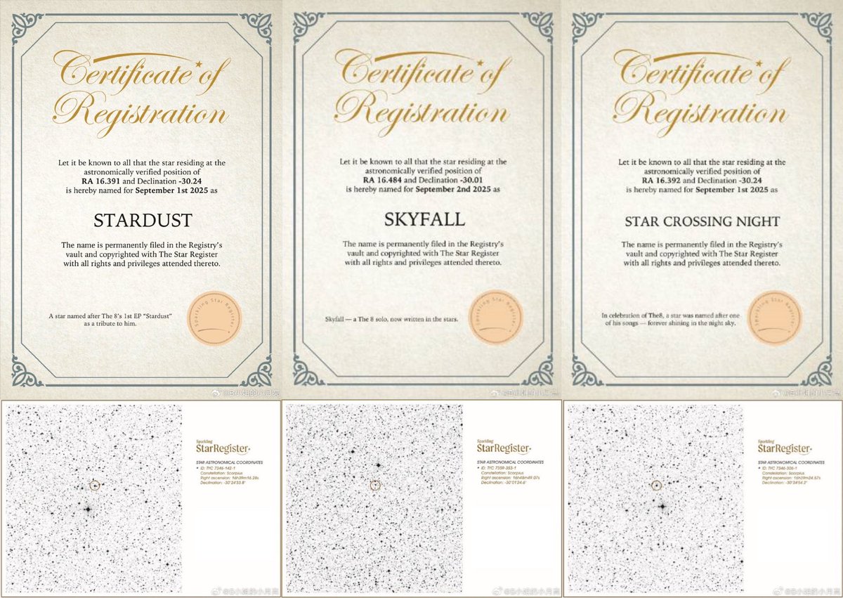3 New THE8 Stars to the Scorpius Constellation
-- 2025 Xu Minghao Birthday Personal Support Project: Star Naming Rights

To celebrate Xu Minghao's birthday in 2025, OP has purchased the naming rights to three stars, naming them after the three songs from his 'Star Trilogy'.

All
