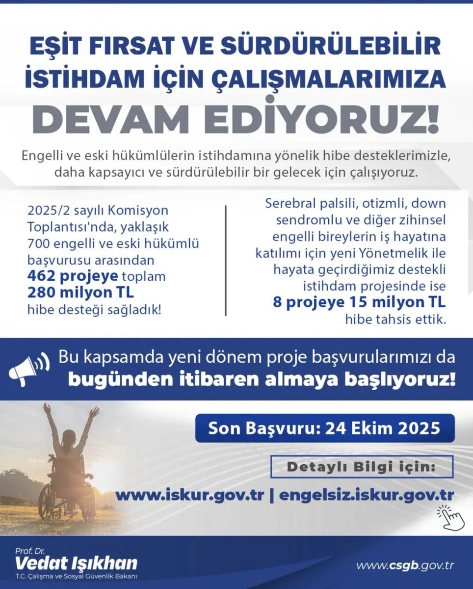 Engelli ve eski hükümlü vatandaşlarımız için hibe desteği başvuruları başladı!

Kendi işini kurmak, mesleki eğitim almak, rehabilitasyon ve işe uyum projeleriyle yeni bir başlangıç yapmak isteyenler için fırsat zamanı.💼

🗓️ Son başvuru: 24 Ekim 2025
🔗 iskur.gov.tr