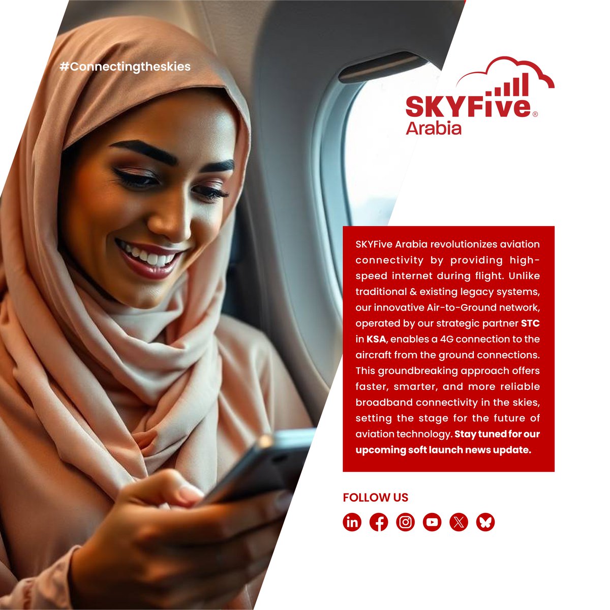 SkyfiveArabia's tweet photo. At #SKYFiveArabia, we believe inflight #connectivity  should be for everyone. That’s why we’re bringing true broadband to every aircraft, so every passenger can enjoy the power of seamless, high-speed internet in the sky.

#Innovation  #AviationTechnology #connectingtheskies https://t.co/Covfzt5HJ7
