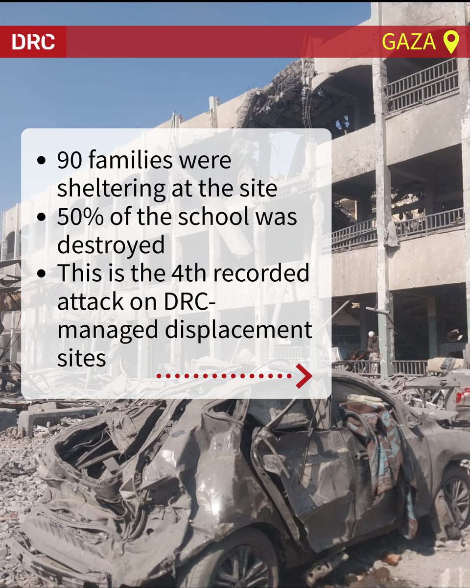 DRC_MENA's tweet photo. DRC condemns the repeated targeting of displacement sites in #Gaza by Israeli forces.

The Fahmi al-Jarjawi School, managed by @DRC_ngo &amp; @PARC_Palestine, has been half destroyed — the 4th attack on DRC sites.

Civilian shelters are not a target. Ceasefire &amp; accountability now. https://t.co/m7F2AI1VfK