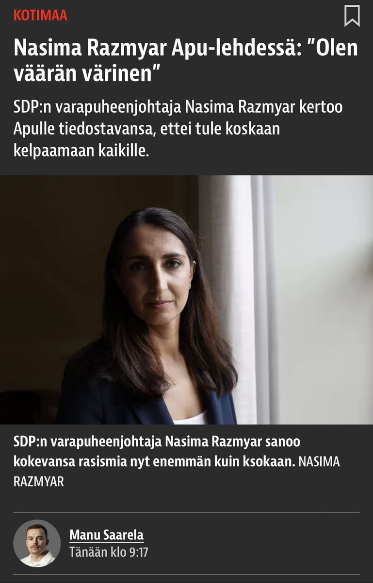 Kauanko uhriutua vielä?

Olen kuullut myös Suomen vaaleammilta ihmisiltä ajatuksia ja kokemuksia väärän värisenä olemisesta, kun valtio tarjoaa apuaan ohituskaistalla maahanmuuttajille.

Ja  paperittomien palvelemisesta vaaleampien työssäkäyvien maksamilla rahoilla