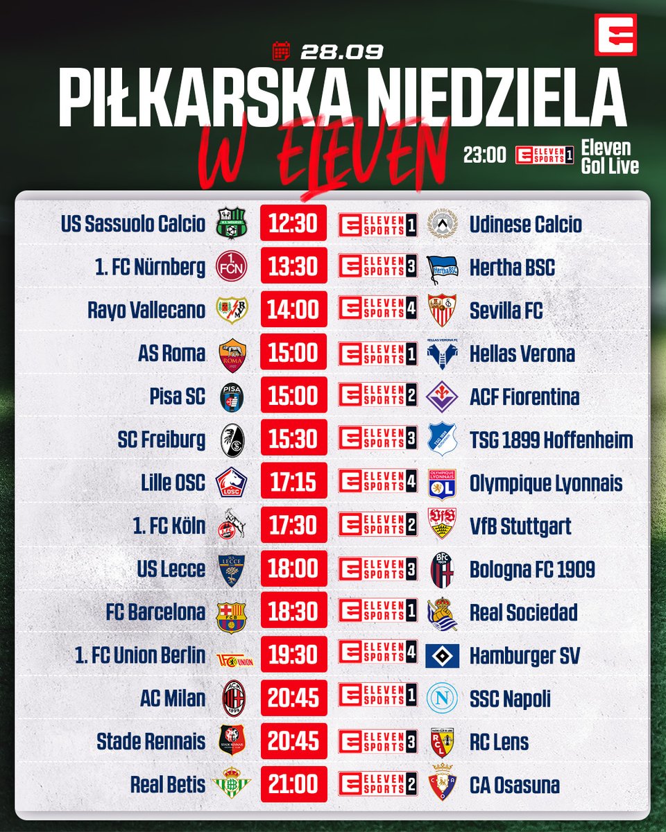 💥 PIŁKARSKA NIEDZIELA W ELEVEN SPORTS! 💥

FC Barcelona z 🇵🇱 Wojciechem Szczęsnym w bramce zagra z Realem Sociedad, a trzeci w tabeli Milan podejmie lidera z Neapolu! 😍 Będzie się działo! 🔥

Szczegółowy rozkład jazdy ⬇️

🇩🇪 Bundesliga &amp; 2. Bundesliga 

1.FC Nürnberg - Hertha
