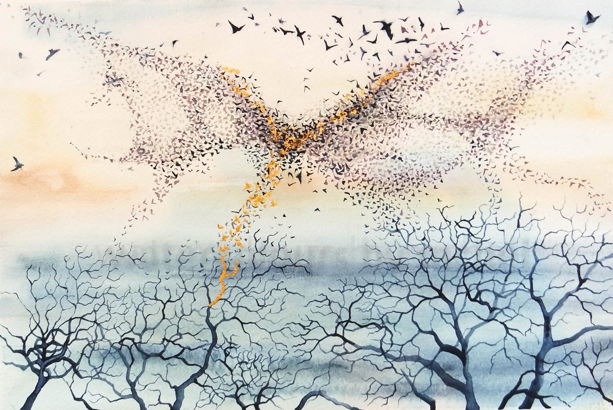A murmuration is the spectacular, swirling aerial dance of a large flock of starlings, forming intricate, shape-shifting clouds in the sky

Happy Sunday x

#watercolour #murmuration #birds #movement #watercolor #starlings #watercolourpainting #art #skies #trees #flight #trees