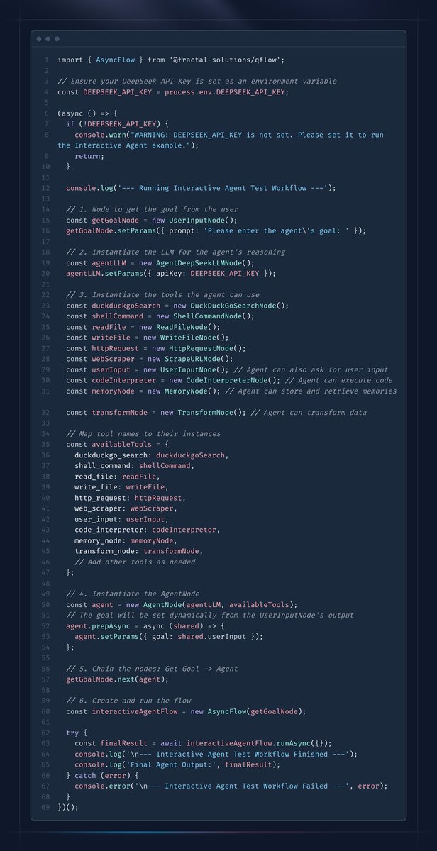 This is how you can write a tool enabled agent that can use a wide array or ready integrated tools in QFlow.

Good for talking to your database in English for analytics, coding, running shell/Linux commands, spreadsheet work, documentation etc etc.