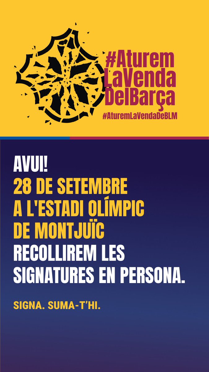Bon dia, culers! 

✍ Recorda que pots signar AVUI diumenge, presencialment, a Montjuïc. (Busca les samarretes grogues!).

📢 Fes xarxa! Apropa’t amb amics, familiars i coneguts!

🤝 El Barça és a les teves mans: Signa. Suma-t'hi!