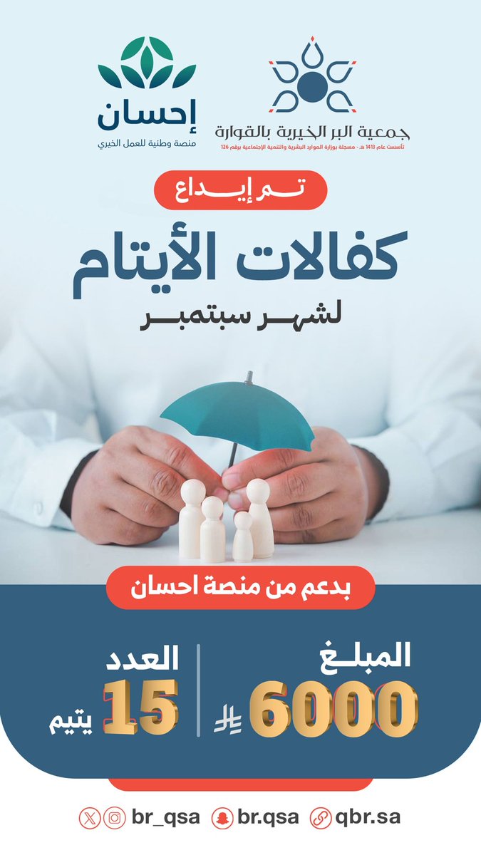 بدعم كريم من منصة إحسان 🍃
<a href="/EhsanSA/">منصة إحسان</a>
تم إيداع مبلغ كفالات الأيتام
لشهر سبتمبر لعدد 15 يتيم

بمبلغ 6000 ريال  .. 

 نثمن لمنصة إحسان جهودهم و دعمهم المستمر كتب الله أجرهم 🌹