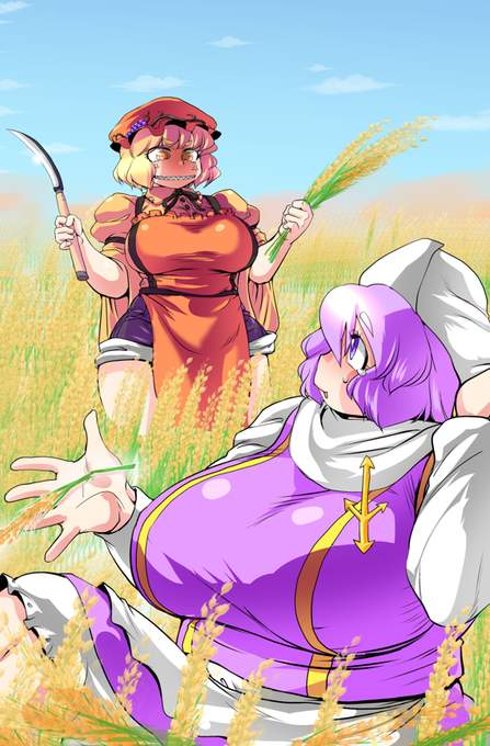 秋っぽくなってきたのでむかし描いた秋穣子さま
穣子さまの田んぼに墜落してきたレティさんっていうシチュです 8年前の絵!この頃の絵がなんか自分でも好きでなんか無くしちゃったものがある気がするんだよな-なんだろう 