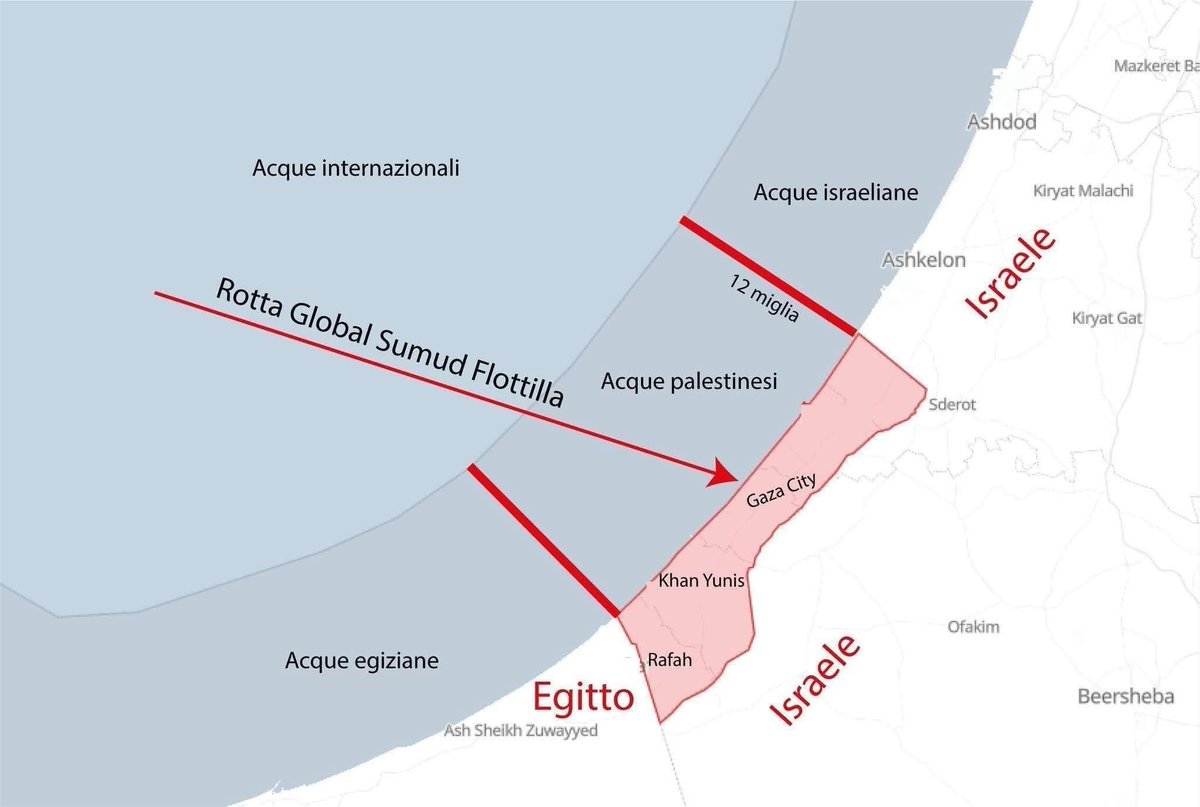 P_M_1960's tweet image. Le acque davanti a Gaza sono acque palestinesi in quanto Gaza è solo occupata e non annessa, questo lo sancisce il diritto internazionale, pertanto ogni azione contro la Flotilla in acque internazionali o acque palestinesi costituisce una violazione.
#GlobalSumudFlotilla