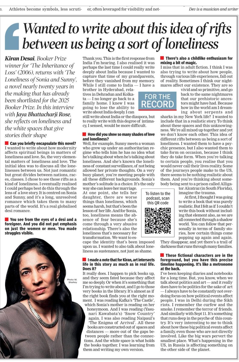 JBhattacharji's tweet photo. . Today, an edited extract from my #TOIBookmark interview with #KiranDesai has been carried in the @timesofindia print edition. The QR code to the podcast is embedded, too.
Sunday, 28 Sept 2025.
@TOIPlus @PenguinIndia https://t.co/5nNZ8sGg25