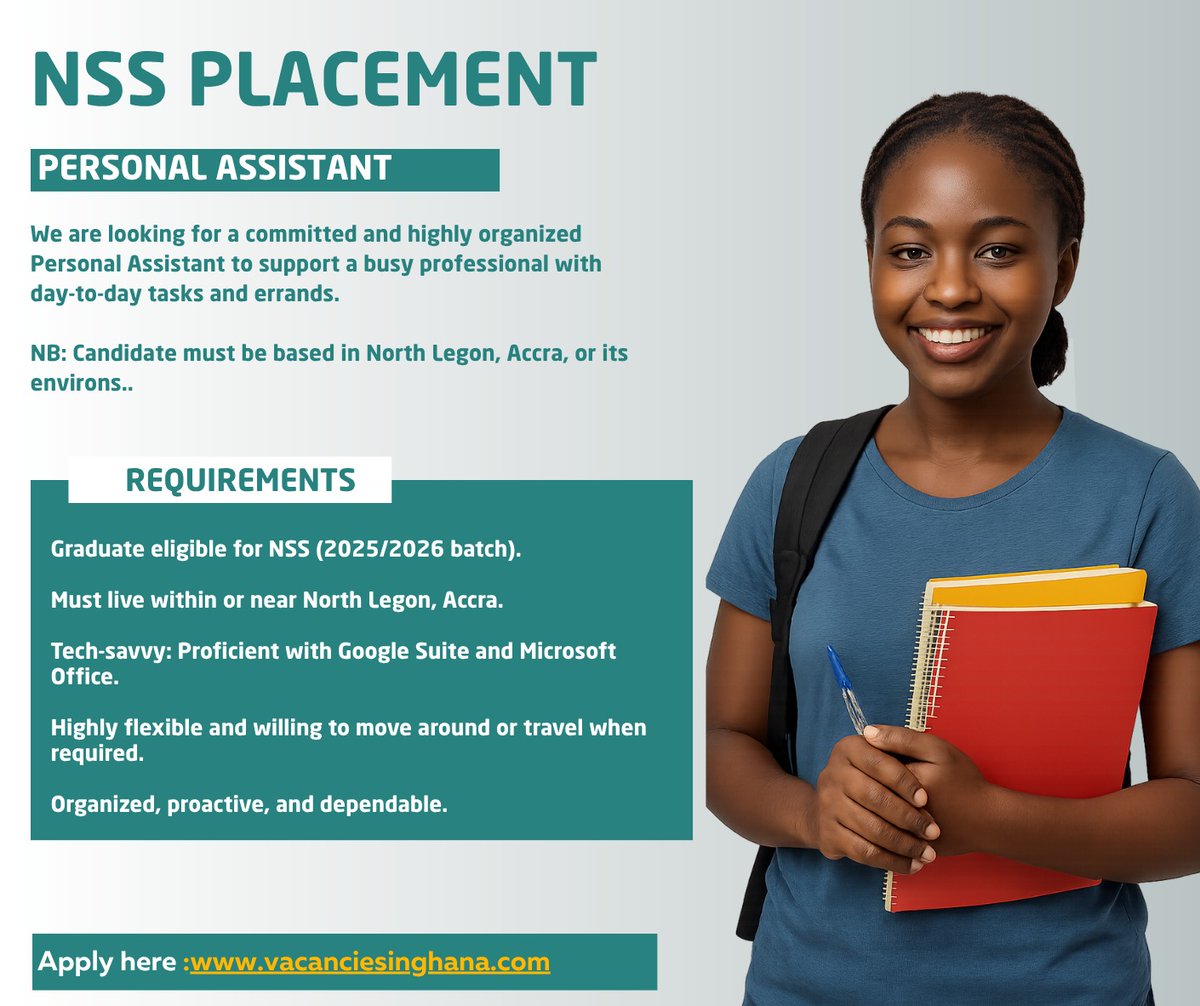 VacanciesGh's tweet photo. Personal Assistant (National Service Placement)

Location:Haatso 

Are you an organized and proactive individual looking to support a dynamic CEO? We are seeking a dedicated Personal Assistant to join our team. 

Key Responsibilities

Manage daily schedules, reminders, and appointments.
Accompany the supervisor to meetings, errands, and events when needed
Handle personal errands and basic administrative tasks.
Use digital tools (Google Workspace, Microsoft Office) for organization
Assist with research, communication, and document preparation.
Maintain confidentiality in all matters.

https://t.co/StsfFoodkj