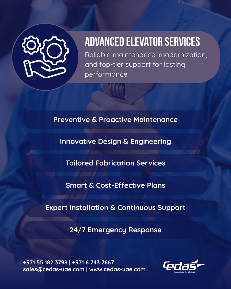cedasuae's tweet image. Advanced Elevator Services by CEDAS
With our expert solutions, we ensure your elevators run seamlessly.
#CEDAS #ElevatorServices #SmartEngineering #ElevatorExperts #MaintenanceMatters #RoundTheClockSupport