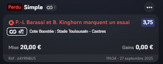 Coldenor01's tweet image. Bonjour @WinamaxSport 

Votre Côte boostée est censé être gagnante puisque vous n'avez pas précisé que les deux devaient "marquer un essai chacun", mais bien "marquer un essai".
Barassi ayant inscrit le sien à la 63ème minute, je demande une validation du pari.
#TeamParieur