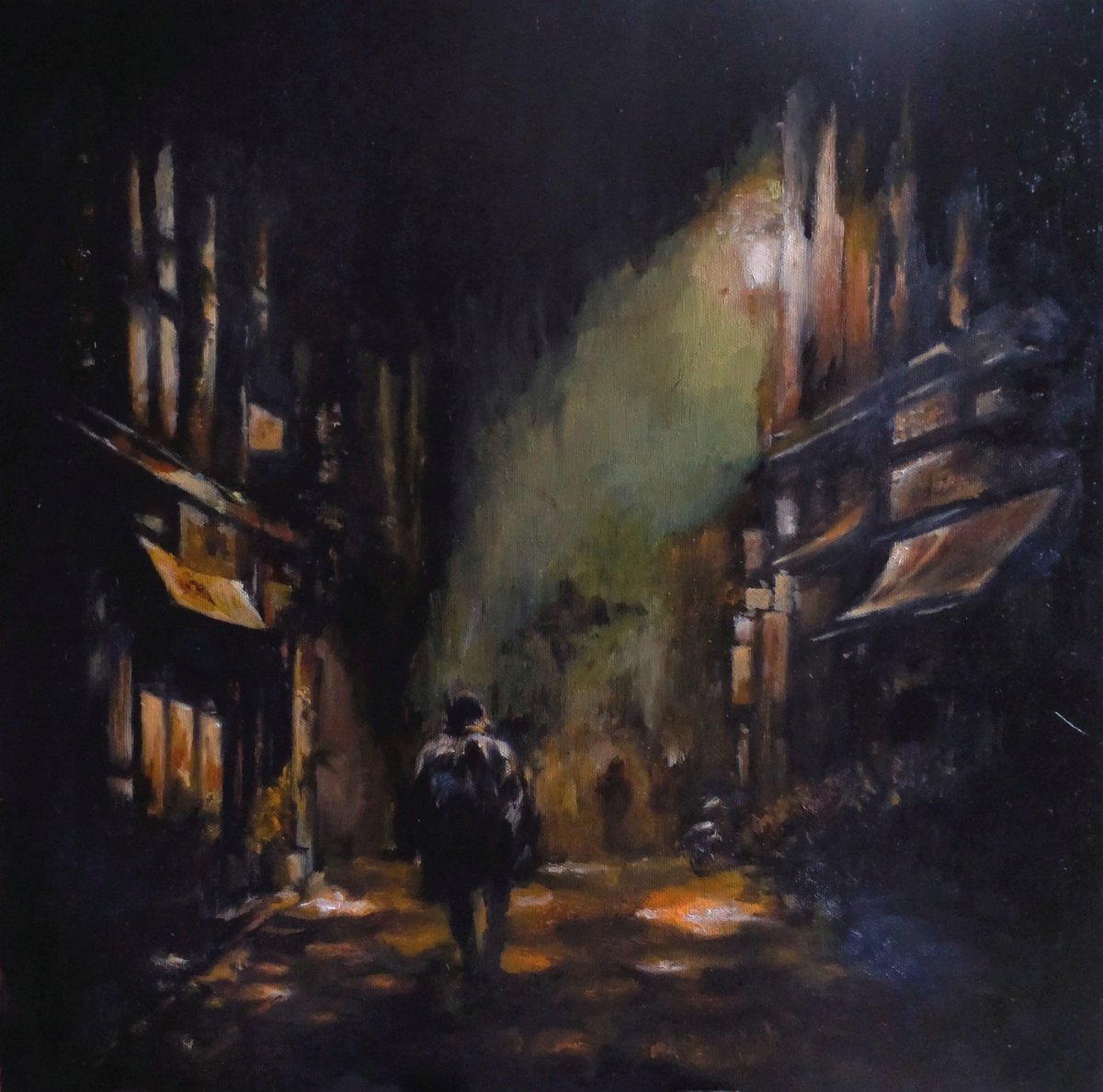 1年通った絵画教室、昨日で卒業となりました！
以前の油絵の作品、前回の時点で完成にするつもりだったのですが、先生にご指摘頂いて、もう少し続きを描きました。黒い部分とかだいぶきれいに濡れた気がしています✨
 #油絵  #風景  #oilpainting  #アナログ絵  #アナログはいいぞ