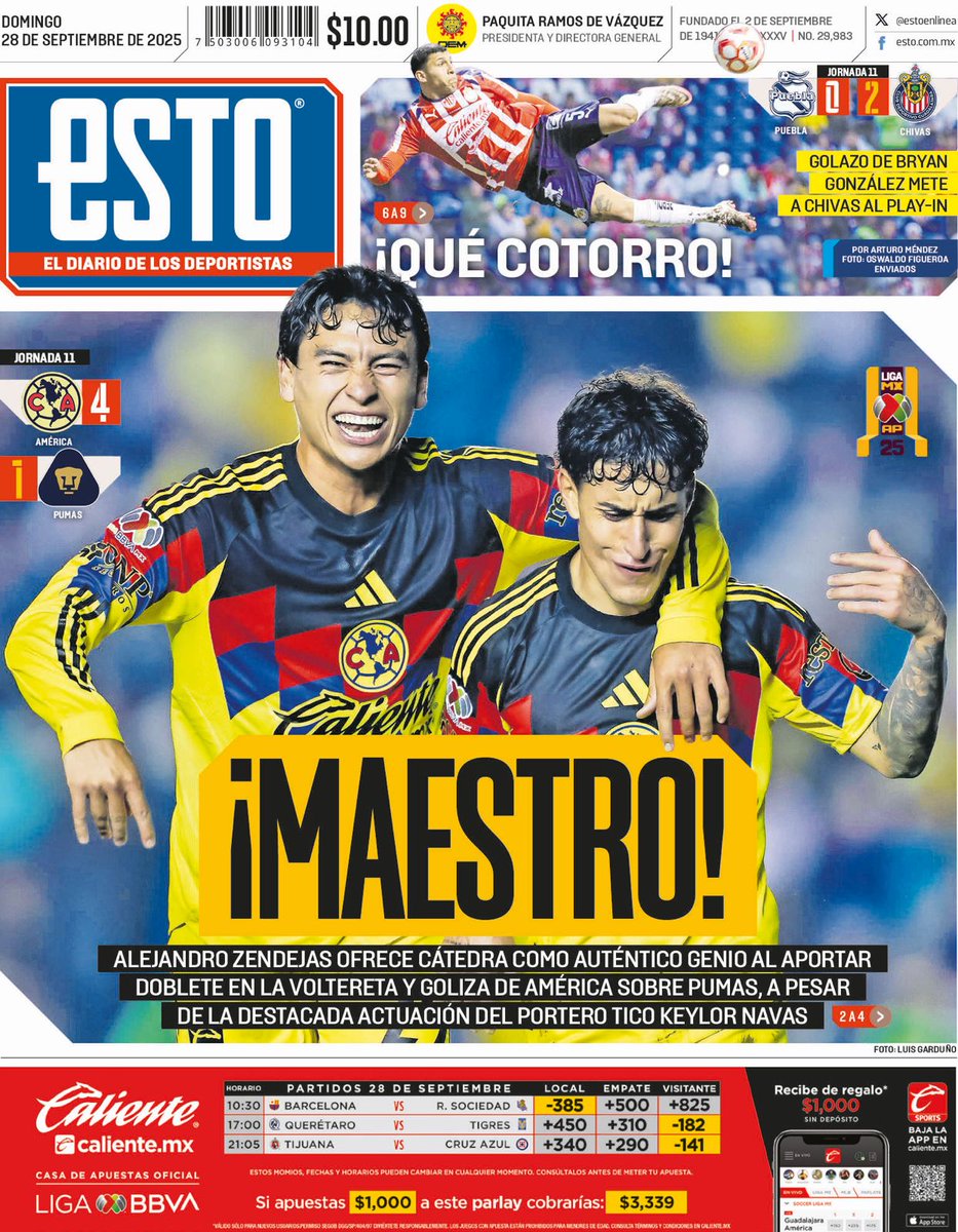 #FelizDomingo🌤️

Hoy en #TuESTO 📰

🦅 América remonta y golea a Pumas en el Clásico Capitalino

👉 goo.su/BIpy

🐐 Chivas vence 2-0 a Puebla con golazo de Bryan González

👉  lc.cx/6DDo1P

📲 esto.com.mx