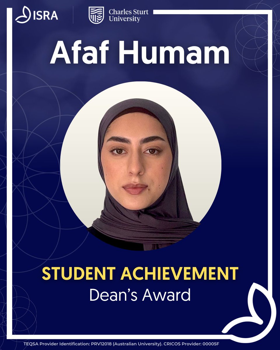 Congratulations to Afaf Humam on receiving the Dean’s Award. Afaf is currently undertaking the Master of Islamic Studies and has a research background in children’s health and justice health. 

If you’d like to learn more about the Masters course, visit isra.org.au/uni-courses/ma…