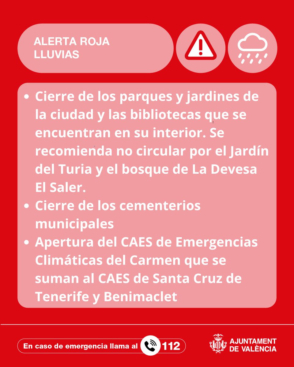 ⚠️⛈️ Ante la 🔴 alerta roja por lluvias y 🟡 amarilla por tormentas activadas por <a href="/GVA112/">Emergències 112CV</a>
 para mañana lunes, <a href="/AjuntamentVLC/">Ajuntament València</a> ha adoptado las siguientes medidas ⬇️