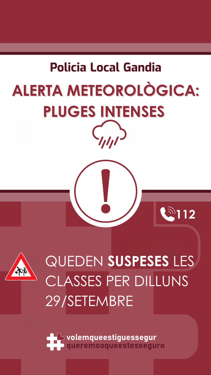 🔴AVÍS⚠️  SUSPENSIÓ de les CLASSES als centres educatius de #Gandia, incloses les Escoletes municipals, demà DILLUNS 29/09/2025❗

🚨El Centre de Coordinació d'Emergències de la Generalitat Valenciana ha establit ALERTA PER PLUGES NIVELL ROIG a tot el litoral de la província de