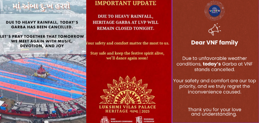 United Way, VNF, LVP Navratri Garba Events in Vadodara Called Off on Sunday due to Rainfall